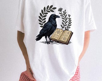 Raven Notebook Shirt Halloween Spell Gift Women Distressed Tee Journal T-Shirt Horror Fan Grunge Tshirt Incantation Graphic Doodle Leaf