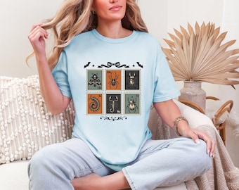 Bug Stamps Shirt Halloween Horror Geschenk Frauen Retro T-Shirt Insekt Briefmarken T-Shirt Horror Fan Vintage Tshirt Scary Grafik Skizze fliegendes Mammal