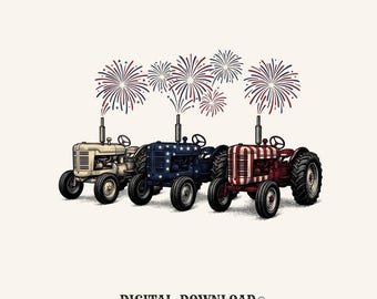 Rustic Vintage Tractors PNG: Patriotic 4th of July Farm Artwork (Digital Download)