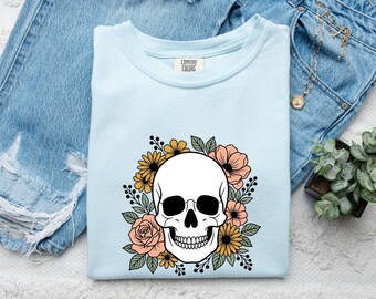 Schädel Blumen Shirt Halloween Vampir Geschenk Frauen Grafik T-Shirt Schädel-T-Shirt Horror Fan Gothic Grafik Tshirt Blutsauger Illustration Retro