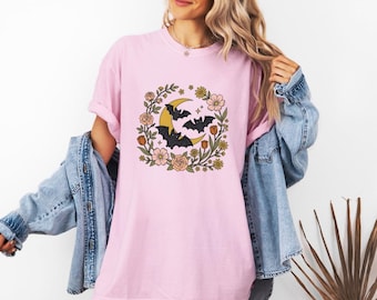 Fledermaus Mond Shirt Halloween Gothic Geschenk Frauen Kawaii Tee Lunar T-Shirt Horror Fan dunkles Tshirt Gothic Grafik Boho Floral Tshirt