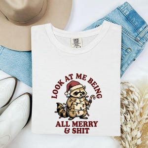 Raccoon Holiday Hat Shirt Christmas Fun Gift Women Rustic Tee Trash Panda T-Shirt Xmas Fan Vintage Tshirt Amusing Graphic Timeless String