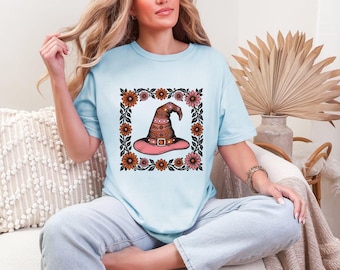 Hexenhut Shirt Halloween Blumen Geschenk Frauen Vintage T-Shirt Zaubererhut T-Shirt Fan Retro Tshirt Blumenstrauß Grafik Hand gezeichnete florale Borte