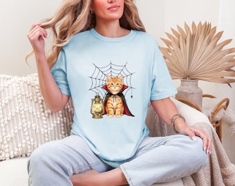 Vampir Kätzchen Shirt Halloween Tier Geschenk Frauen Handgemaltes T-Shirt Kätzchen T-Shirt Horror Fan Handgemaltes Tshirt Kreatur Grafik Rustikal Netz