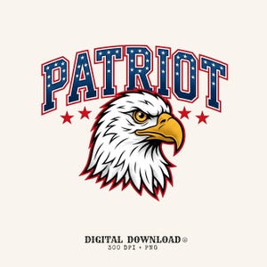 May include: A graphic illustration of a bald eagle head with a yellow beak, positioned below the word PATRIOT in blue letters filled with white stars. The text is outlined in red, and four small red stars are placed below the text.