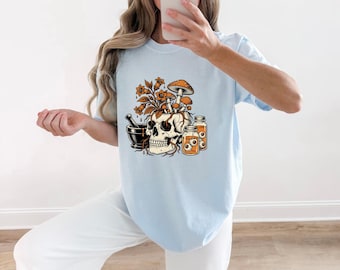 Totenkopf Pilz Shirt Halloween Horror Geschenk Frauen Body Art T-Shirt Pilz T-Shirt Horror Fan Tattoo Tshirt Makaber Grafik Retro Glasflaschen
