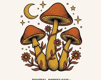 Bohemian Mushroom Art PNG: Psychedelic Nature Graphic (Digital Download)