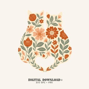 Può includere: Un'illustrazione digitale con due sagome di gatti l'una di fronte all'altra, riempite con un motivo botanico di fiori e foglie color arancio, pesca e verde salvia. Le code si curvano a formare un cuore. Testo: DIGITAL DOWNLOAD 300 DPI + PNG.