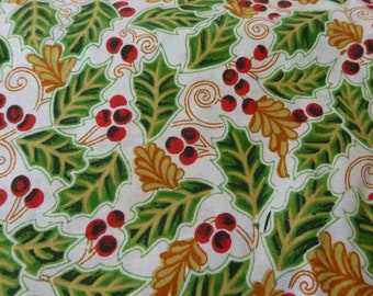 Vintage Cotton Fabric Green Holly Leaves Red Berries Yellow Leaf Scroll on  White Background  6yards 5 "L  x 44"W  1990s