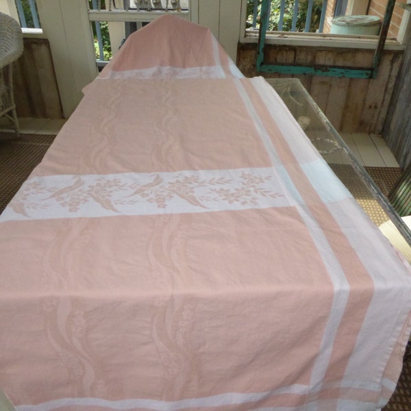Vintage Extra Large Heavy Cotton Blend? "SimTex" Tablecloth White Bands On Peach w/ Some Floral  99"L x 58"W   1960s