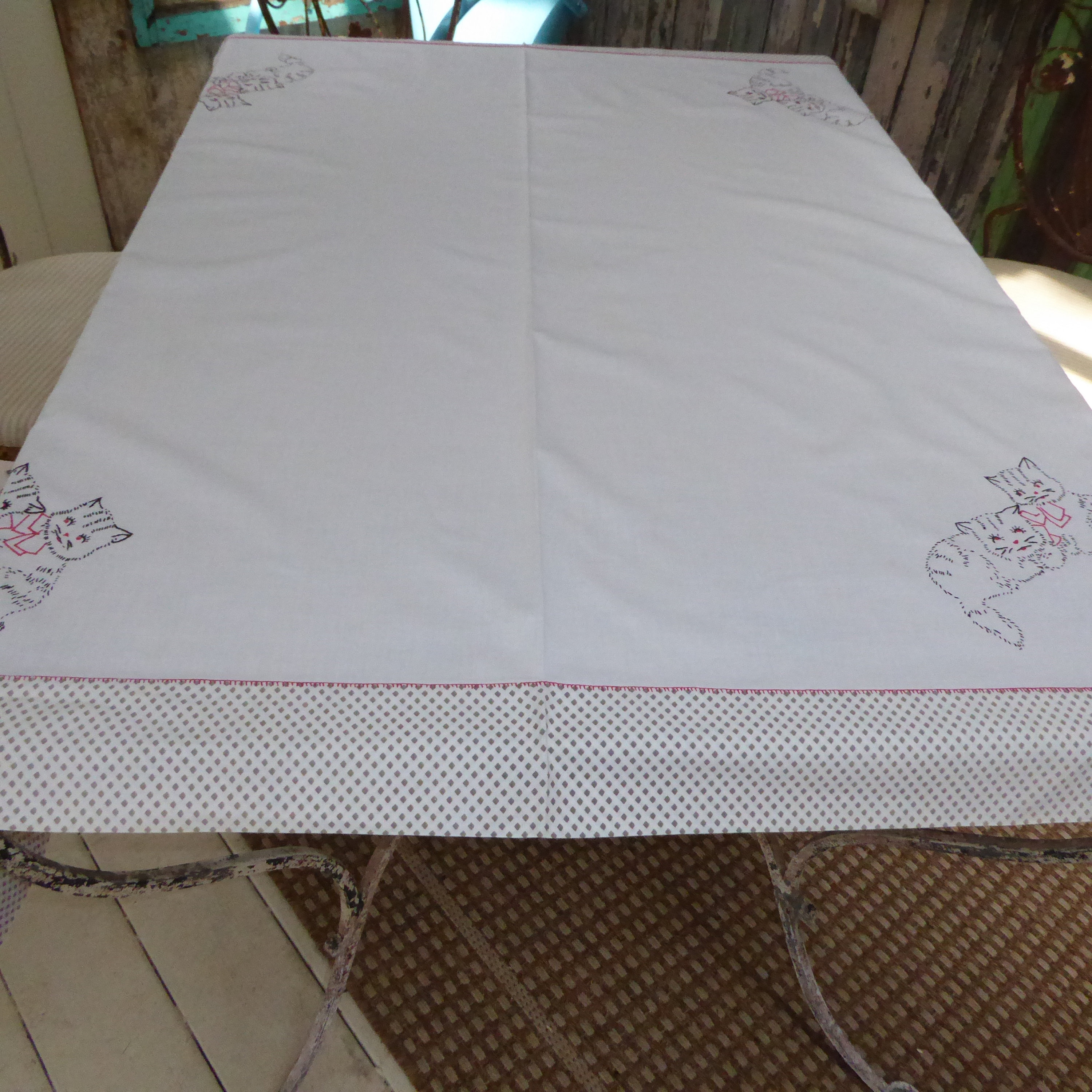 Vintage  White  Heavy Cotton Tablecloth w Crochet Inserts on Four Corners 2 are Deer  54L x 52W Cottage Country Farm House Rustic
