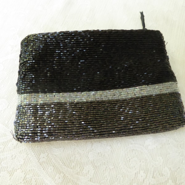 Vintage  "Neiman Marcus"  Beaded  Ladies Evening  Bag/Purse Black Clear Gray  Bugle Beads