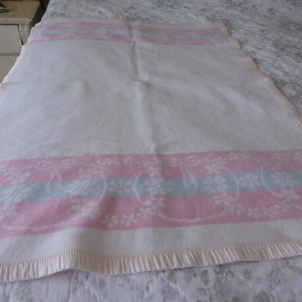 Vintage Heavy Cotton Reversable Baby Blanket Pink Blue on White 46 1/2"L x 34 1/2"W Mid Century