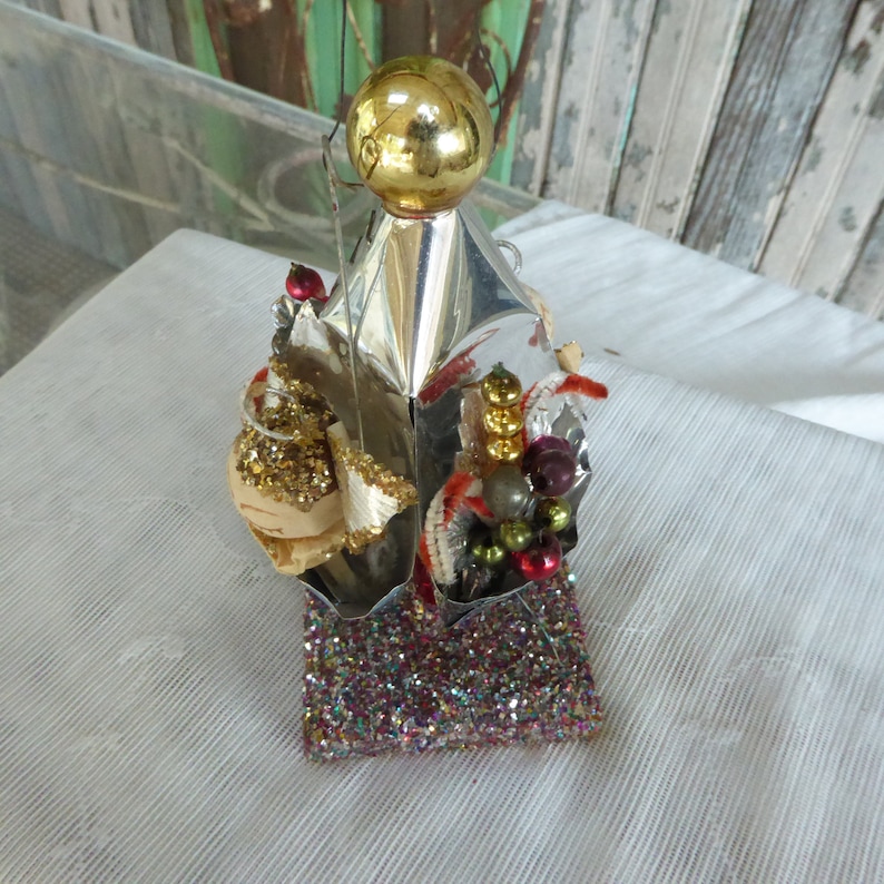 Vintage  Silver Foil Cones  Christmas Ornament  Angels  Mercury Glass Beads Floral  Mica Base  194050s Collectable