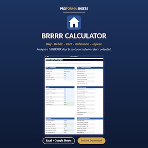 Może przedstawiać: Cyfrowy szablon arkusza kalkulacyjnego BRRRR Calculator od PROFORMA SHEETS na ciemnoniebieskim tle. Interfejs zawiera sekcje Buy, Rehab, Rent, Refinance i Repeat z polami do wprowadzania danych nieruchomości, finansowania oraz analizy finansowej.