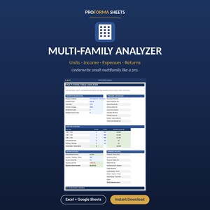 Op de afbeelding: Een digitaal spreadsheet-sjabloon getiteld PROFORMA SHEETS MULTI-FAMILY ANALYZER op een donkerblauwe achtergrond. De interface toont secties voor vastgoedinformatie, financiering, inkomsten en uitgaven voor onroerend goed.