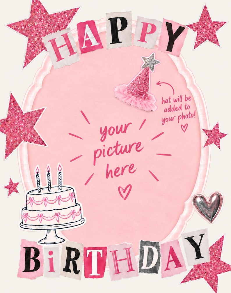 Puede incluir: Un marco de fotos rosa con tem&aacute;tica de cumplea&ntilde;os que incluye el texto HAPPY BIRTHDAY, una ilustraci&oacute;n de pastel de dos pisos con tres velas, estrellas de purpurina rosa, un coraz&oacute;n y un gorro de fiesta con el texto hat will be added to your photo.