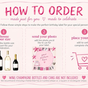 Puede incluir: Un gr&aacute;fico de instrucciones con borde rosa titulado HOW TO ORDER. Describe tres pasos: 1 choose your size con cuatro iconos de botellas, 2 send your photo con una plantilla de cumplea&ntilde;os y 3 place your order con un icono de carrito.