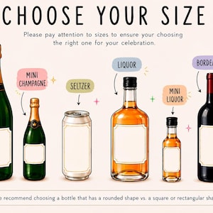Puede incluir: Una infograf&iacute;a titulada CHOOSE YOUR SIZE que muestra varios recipientes de bebidas, incluyendo botellas de champ&aacute;n, mini champ&aacute;n, seltzer, licor, mini licor, burdeos y borgo&ntilde;a con etiquetas e instrucciones de texto para elegir la forma.