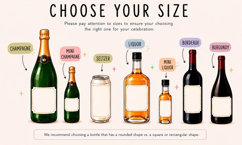 Puede incluir: Una infograf&iacute;a titulada CHOOSE YOUR SIZE que muestra varios recipientes de bebidas, incluyendo botellas de champ&aacute;n, mini champ&aacute;n, seltzer, licor, mini licor, burdeos y borgo&ntilde;a con etiquetas e instrucciones de texto para elegir la forma.
