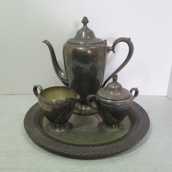 Vintage ROGERS & BRO. * Coffee Set - Coffee /Tea Pot, Lidded Sugar, Cream Pitcher / Creamer and  12" Diameter Tray