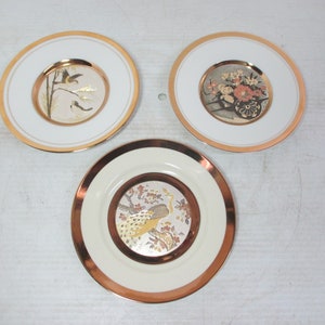 Set of 3 The Art of Chokin Plates with 24K Gold Edges 6" Diameter Japanese Artist HARA - Peacock, Flower Cart & 2 Birds On Bamboo