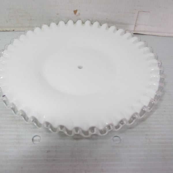 Vintage FENTON Ruffled Edge White Milk Glass Silver Crest Top Tray Only of Tidbit Server 8 1/2" Diameter