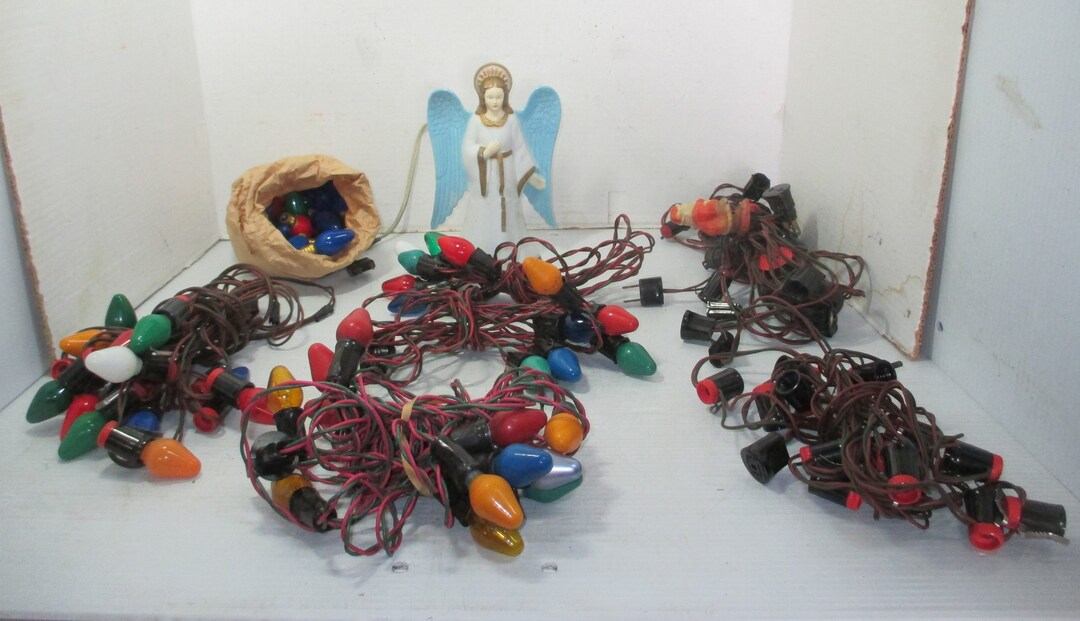 Vintage Christmas Light Strings Strands Red & Green Wire and GEM Plastic Angel Tree Topper