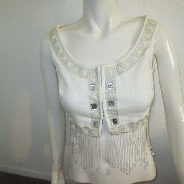 Belly Dancing Top or Vest -  XOXO Jeans White with Silver Sparkle and Jewel Trim &  Clear Iridescent  Fringe - Size Small