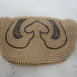 Cartera de mano vintage pequeña de cuentas de vidrio marrón y perla beige de Silvercraft, hecha a mano en Japón
