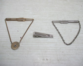 3 Vintage SWANK Tie Bar Clip Clasp Chains and Free Mason Masonic Emblem