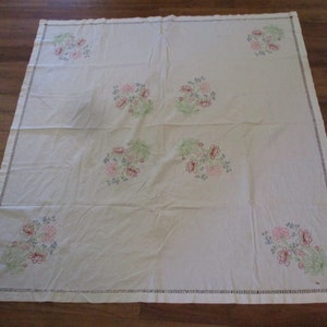 Vintage White Cotton TABLECLOTH 56&quot; x 54&quot; with Hand EMBROIDERED Flowers at Corners & Center