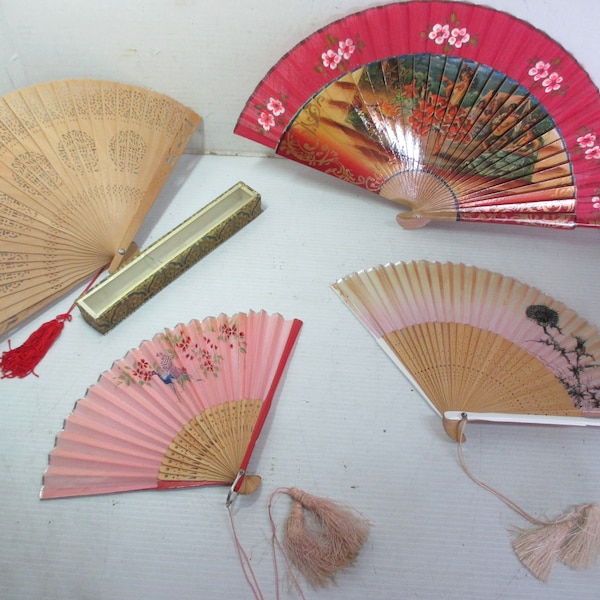 Lot of 4 Vintage Hand Fans Painted Wood and Paper Asian Peacock & Thistle, Spanish Flamenco, Carved Wood in Glass Top Box Tassels