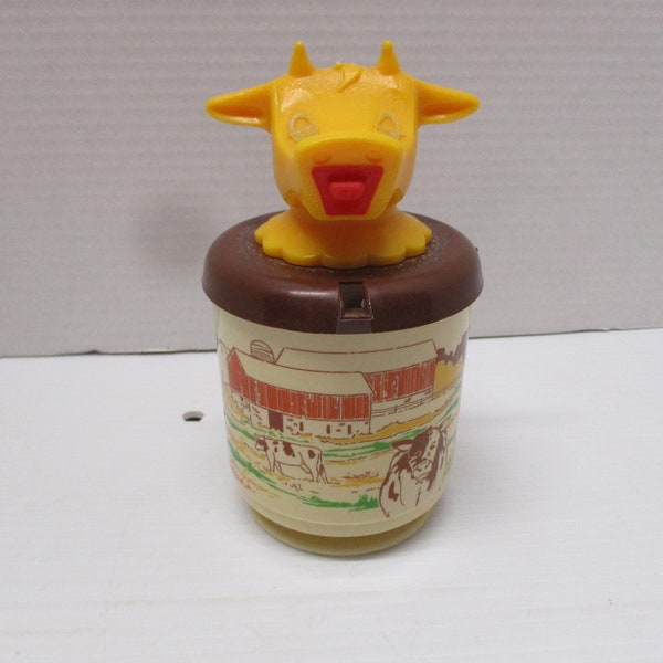 Vintage Whirley Industries Inc. Plastic Cow Sippy Mug or Creamer with Farm Scene Barns & Cows