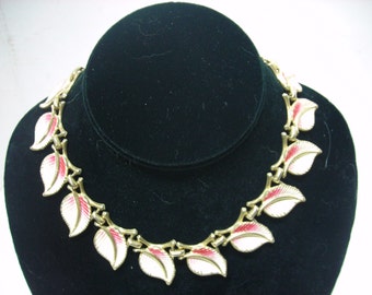 Vintage 15 Inch Necklace with White Leaves and Red Tops Goldtone Stems Heavy