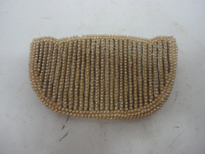 Vintage Small Silvercraft Beige Pearl & Brown Glass Beaded Clutch Purse Hand Made in Japan image 2