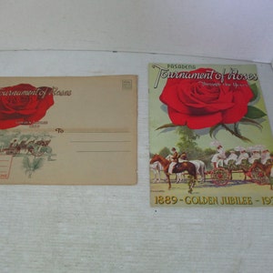 May include: Two vintage postcards and a brochure featuring the Pasadena Tournament of Roses. The postcard on the left has a red rose graphic and the text "Tournament of Roses 1939." The brochure on the right has a large red rose and the text "Tournament of Roses Through the Years."