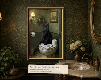 Lustige schwarze Katze Badezimmer Druck, schwere Katze Toilette Wandkunst, Pulver-Zimmer-digitaler Download