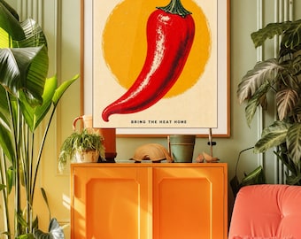 Chili Pepper Küche Druck, 70er Jahre Retro Wandkunst, rotes Vintage druckbares Plakat digitaler Download