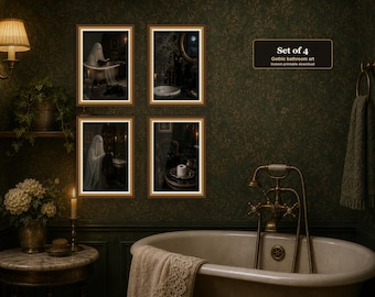 Gothic Badezimmer Wand Kunst 4er Set, Geister Bad schwarze Katze Drucke Digital Download