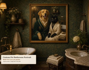 Retrato personalizado de mascotas en el baño, divertido dibujo de un perro o gato real en el tocador, regalo digital personalizado