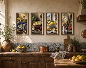 Mediterrane Küche Wand Kunst Set, Sardine Zitrone Pasta Olive Drucke (Digitaler Download)