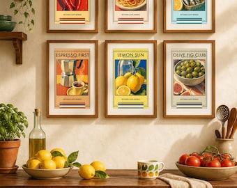 Retro Küchen Wand Kunst Set, Buntes Essen Poster Bundle, Cafe Galerie Drucke, (Digitaler Download)