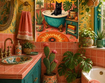 Schwarze Katze Schaumbad Drucken, lustige Badezimmer Wandkunst, bunte Katze Poster Digitaler Download