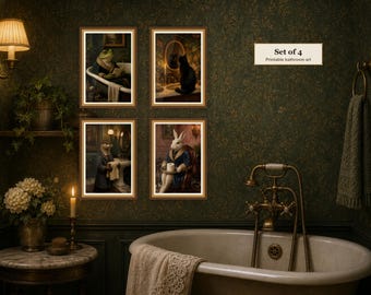 "4er Set ""Skurrile"" Tiere Badezimmer Drucke, Vintage Gästetür Bilder (Digitaler Download)"