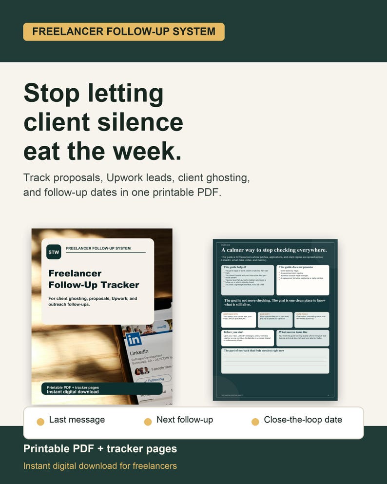 Freelancer Follow Up Tracker PDF, Client Ghosting Planner, Pitch & Proposal Log, Upwork Lead Tracker, Printable System image 6