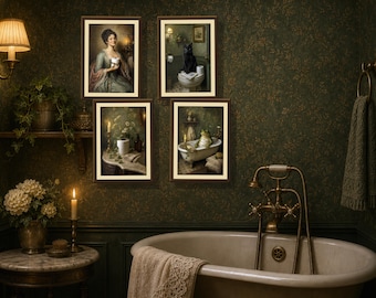 Vintage Stil Badezimmer Kunst Set, Frosch Katze Toilettenpapier Drucke (Digitaler Download)
