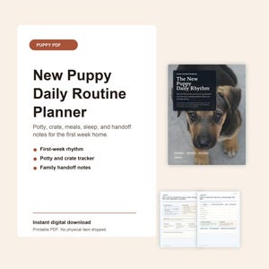 Op de afbeelding: Een digitale PDF-planner getiteld "New Puppy Daily Routine Planner" met een bruine en zwarte puppy-afbeelding. De planner bevat secties voor zindelijkheidstraining, bench, maaltijden, slaap en overdrachtnotities. Het heeft ook een ritme voor de eerste week.