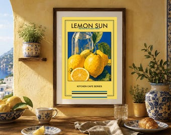 Lámina de cocina con diseño de limones, arte mural de comida mediterránea, póster retro de cítricos, descarga digital.
