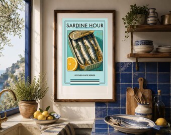 Lámina de cocina con sardinas, arte mural de comida mediterránea, póster retro de peces, descarga digital.
